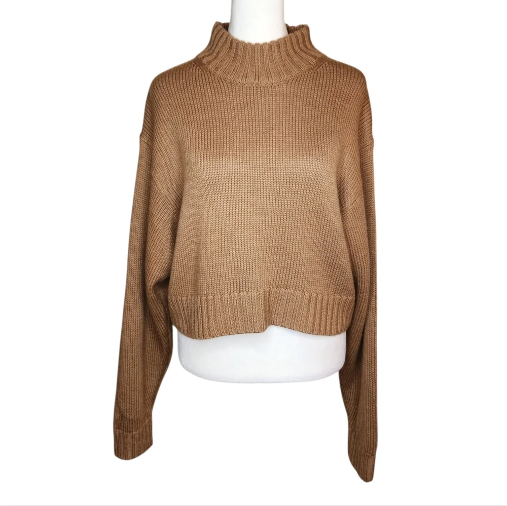 Wilfred Free Harper 100% Merino Wool Cropped Mockneck Sweater Tan Size Small